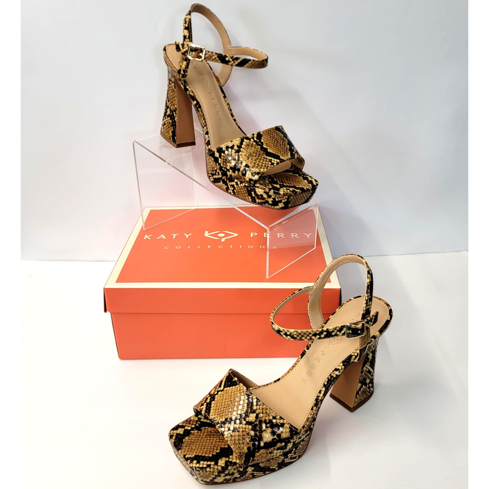 Katy Perry Shoes Womens Size 9.5 Brown Snake Square Open Sandal KP3514 Platform